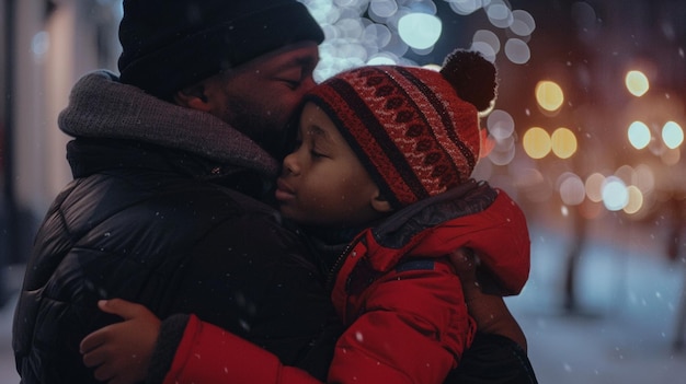 a man and a child are hugging each other and the word  on the back