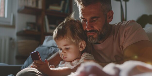 A man and a child are laying on a bed with the man holding a cell phone