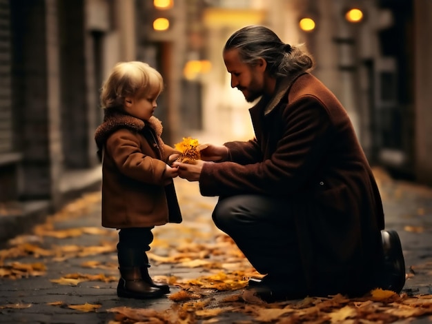 Photo a man and a child are looking at a flower bouquet