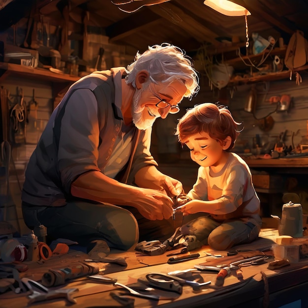 a man and a child are looking at a tool that says old