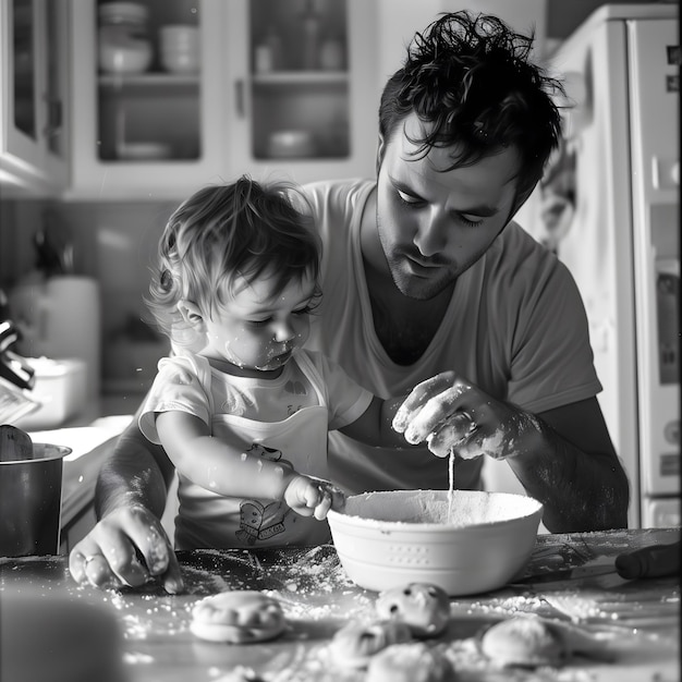 a man and a child are mixing in a bowl with the words quot baby quot on it