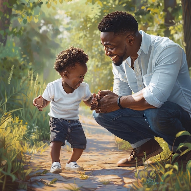 a man and a child are on a path in the woods