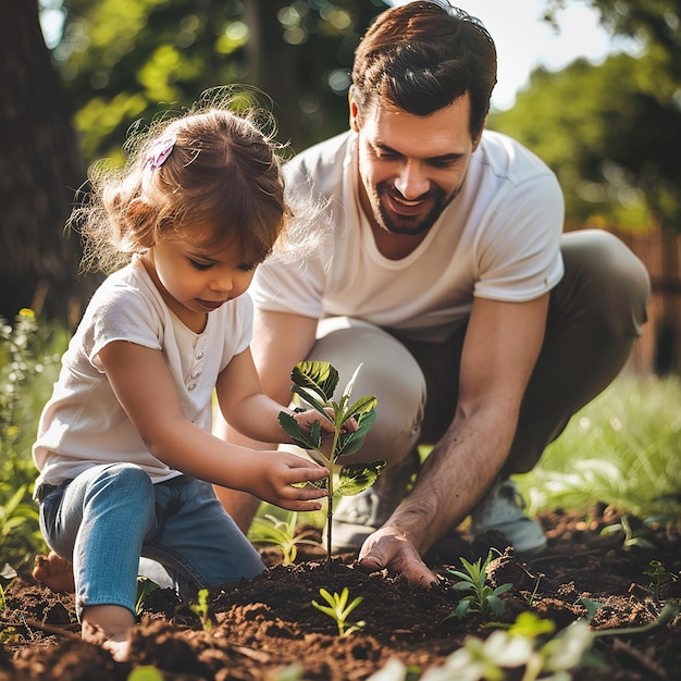 a man and a child are planting a plant together