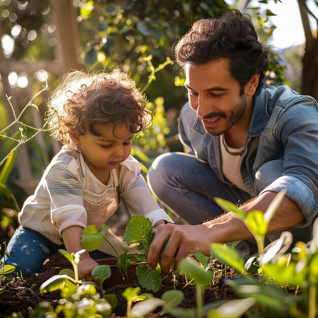 a man and a child are planting plants in a garden