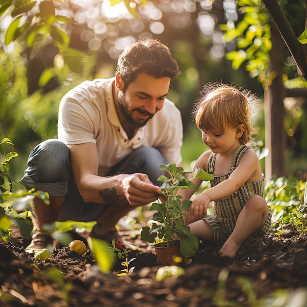 a man and a child are planting vegetables in a garden