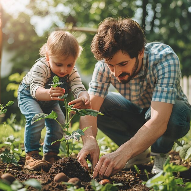 a man and a child are planting vegetables in a garden