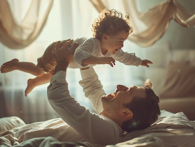 a man and a child are playing on a bed with the baby on their shoulders