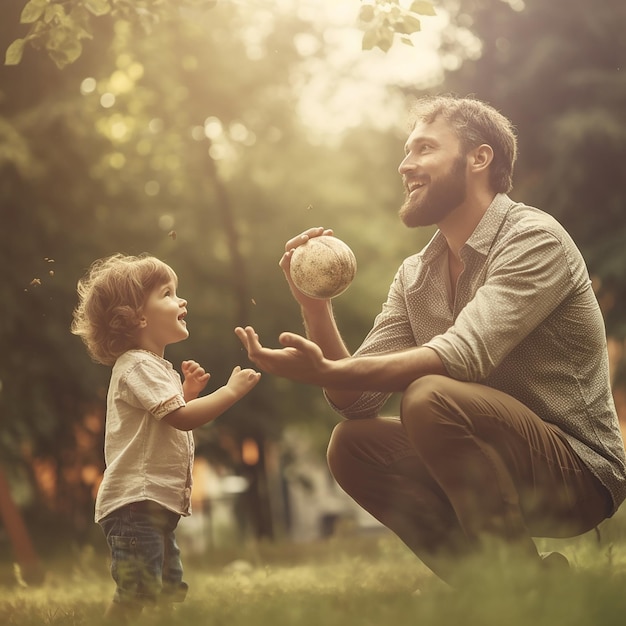 A man and a child are playing with a ball in a park.