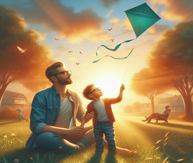 a man and a child are playing with a kite in the grass