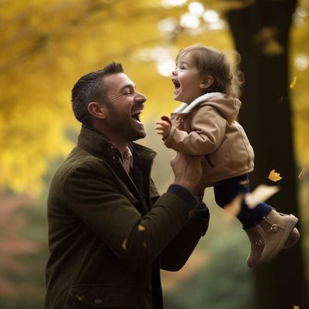 Photo a man and a child are playing with leaves in the fall.