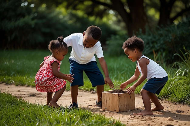 Photo a man and a child are playing with a tree stump