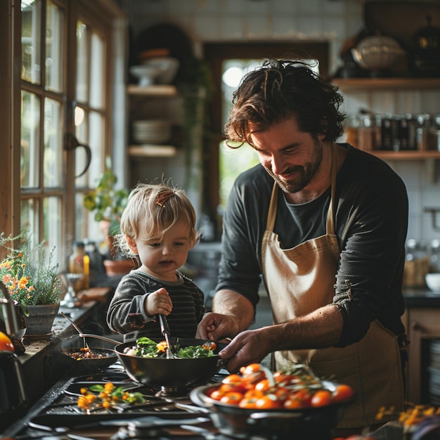 Photo a man and a child are preparing food in a kitchen