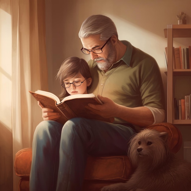 A man and a child are reading a book together.