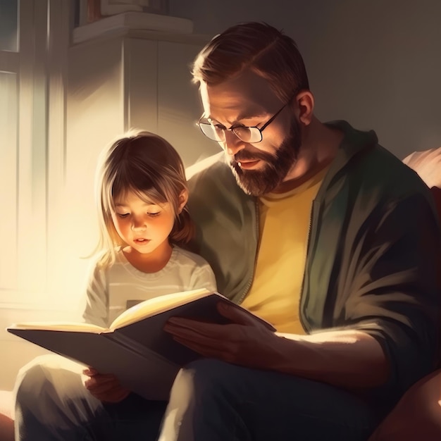 A man and a child are reading a book together.