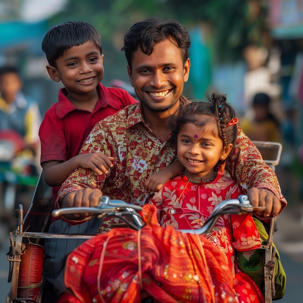 a man and a child are riding a bike with a boy on it