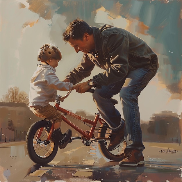 a man and a child are riding a bike with the words quot father quot on the front