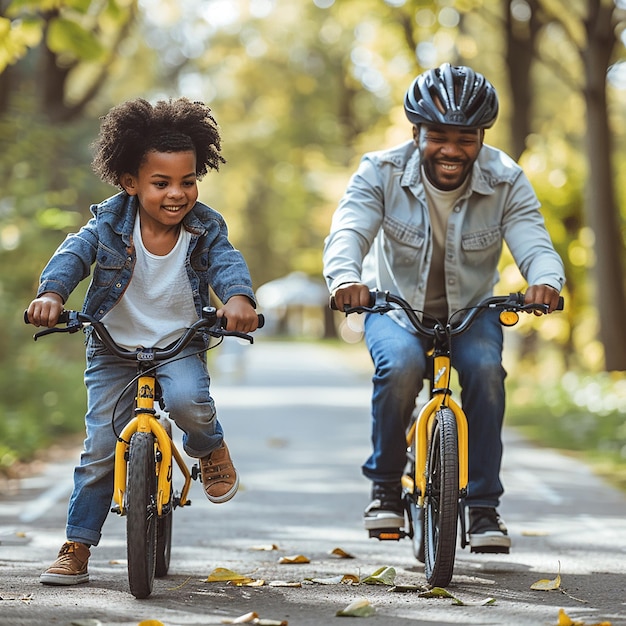 a man and a child are riding their bikes on a path