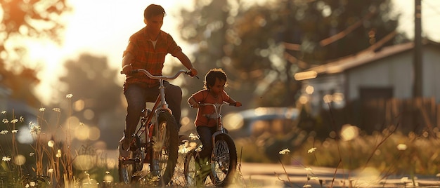 a man and a child are riding their bikes and the sun is behind them