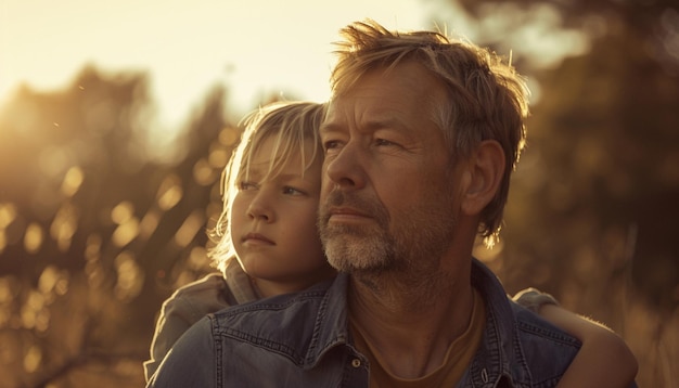 Photo a man and a child are sitting on a bench in front of a sunset