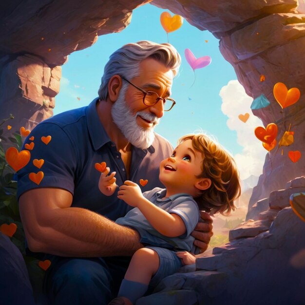 a man and a child are sitting in a cave with hearts and a little boy