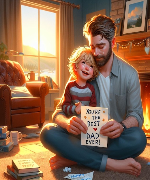 a man and a child are sitting in front of a fireplace with a book about youre best friends