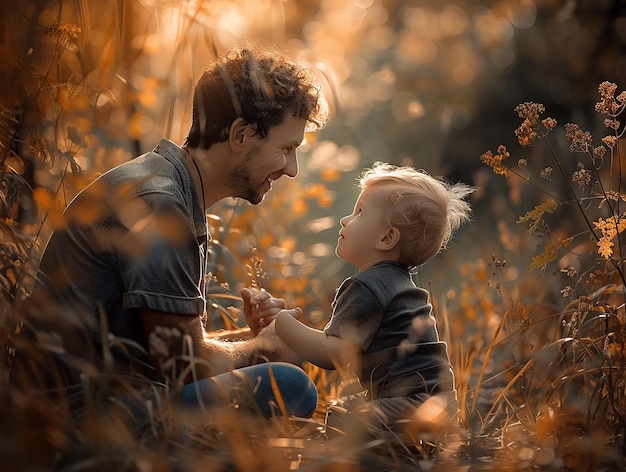 a man and a child are sitting in the grass one of them is holding a flower