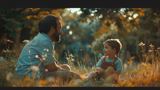 Photo a man and a child are sitting in the grass one of them is wearing a shirt that says  the father of the family