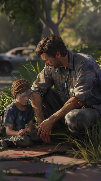 a man and a child are sitting in the grass with a child