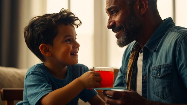 a man and a child are smiling and holding a cup of beer