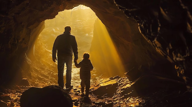 a man and a child are standing in a cave with the light shining through it