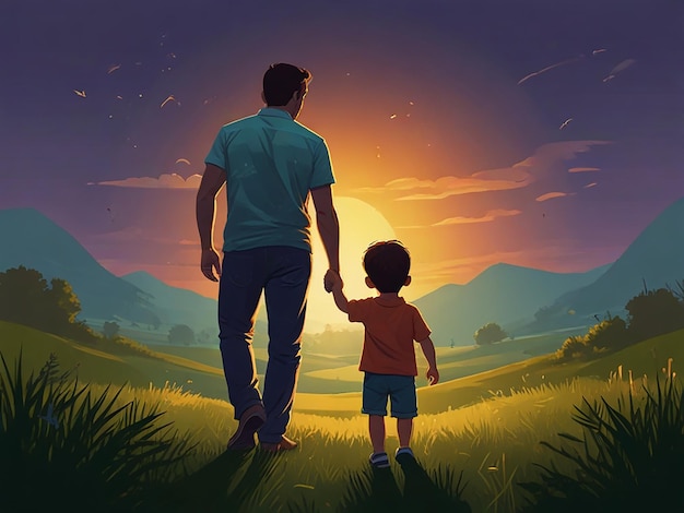 a man and a child are standing in a field with mountains in the background