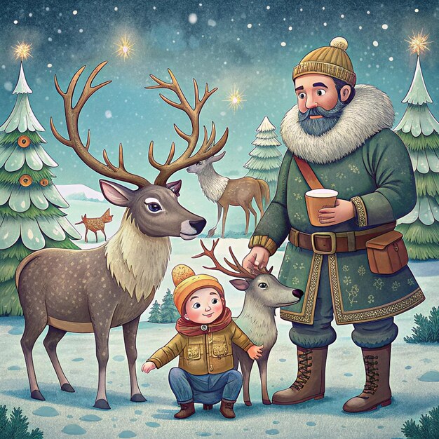 Photo a man and a child are standing in front of a snowy scene with deer and deer