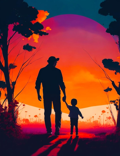 a man and a child are standing in front of a sunset