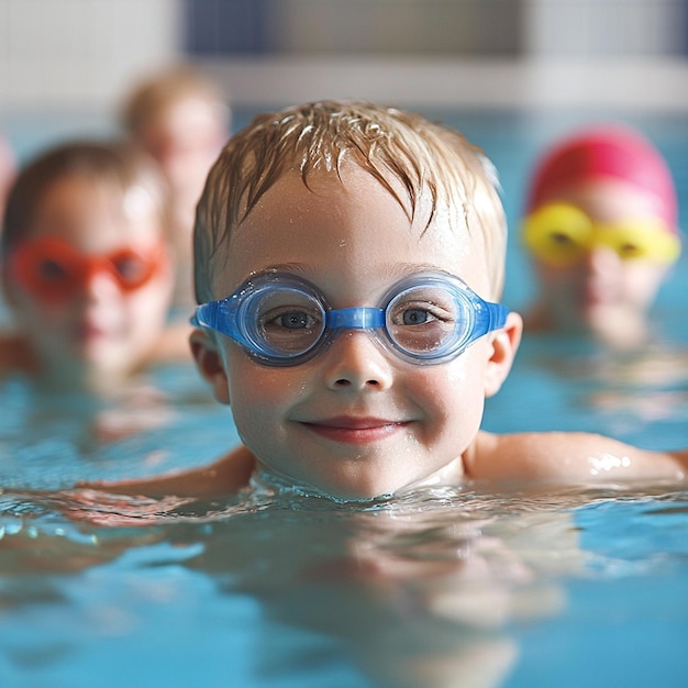 Photo a man and a child are swimming in a pool