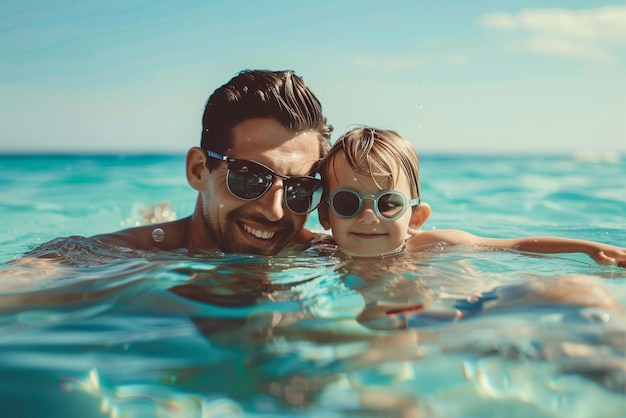 a man and a child are swimming in the water