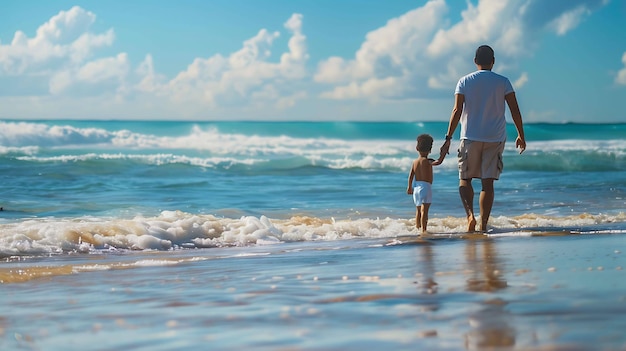 a man and a child are walking on the beach