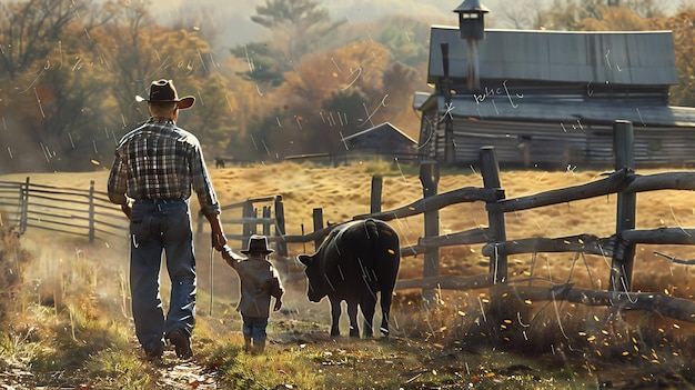 a man and a child are walking in front of a fence with a cow