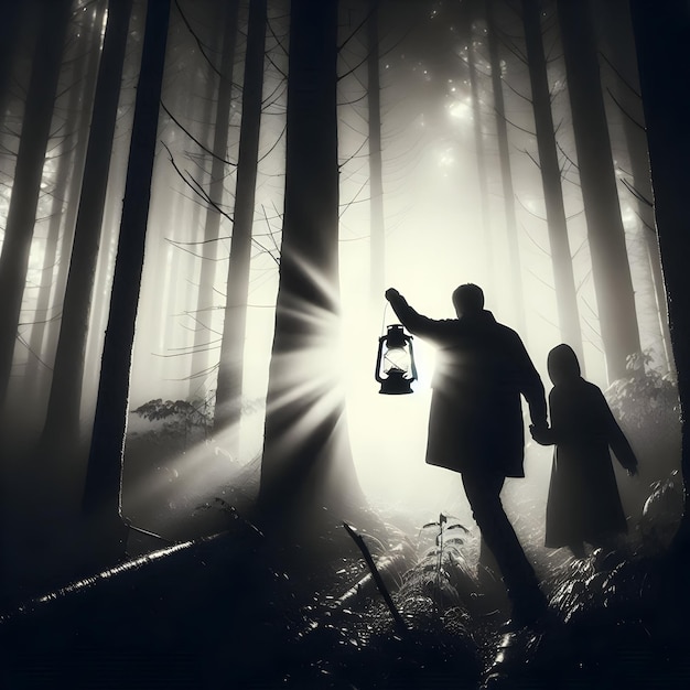 Photo a man and a child are in the woods with a lantern