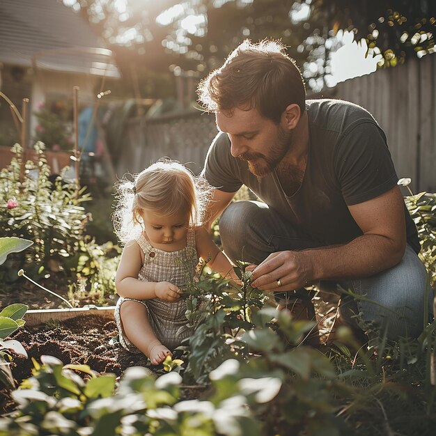 a man and a child are working in the garden