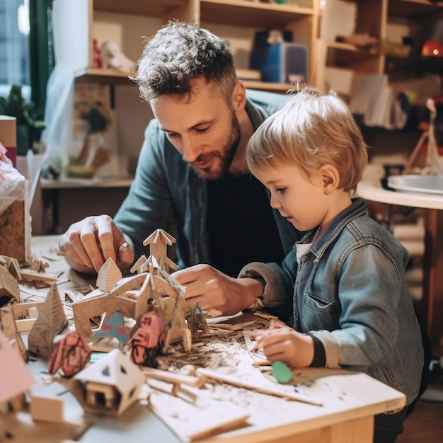 a man and a child are working on a model of a wooden model house