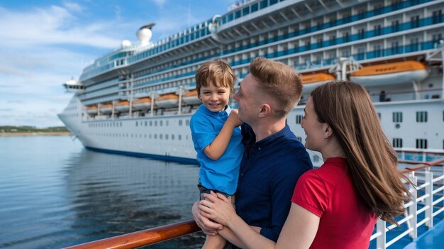 Photo a man and a child on a boat with a cruise ship in the background