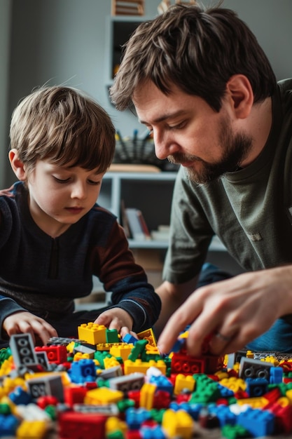 Man and child building with Legos