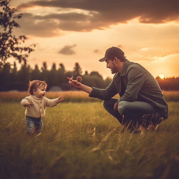 A man and a child in a field, one of them is wearing a hat and a hat.