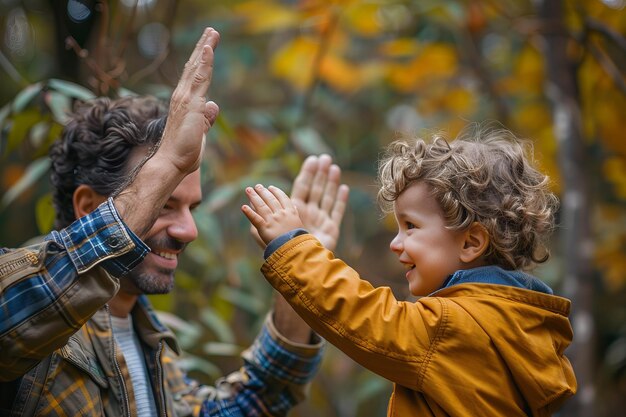 A man and a child giving each other high five