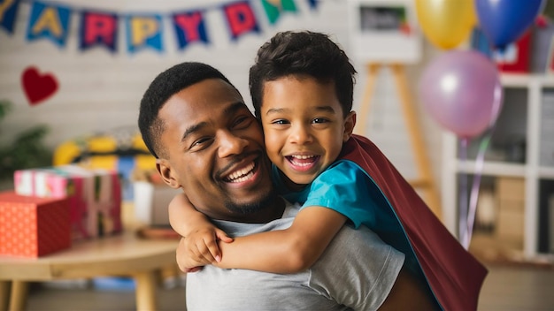 a man and a child hug each other in front of a banner that says quot happy birthday quot