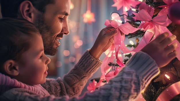 a man and a child looking at a christmas tree with a pink ribbon