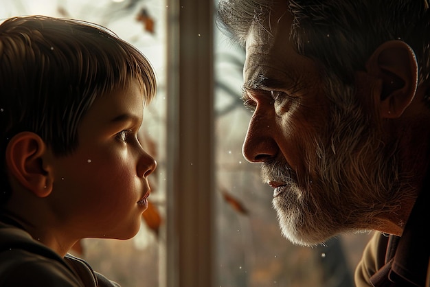 a man and a child looking at each other