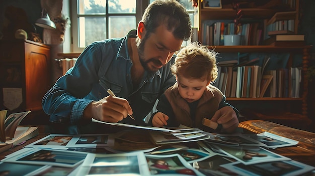 a man and a child looking at a picture of a book with a man and a child