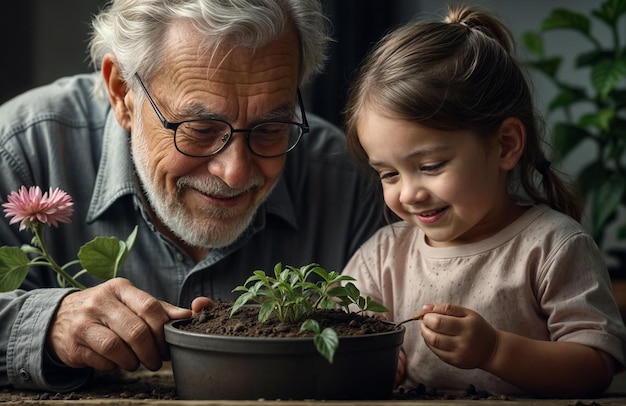 a man and a child looking at a plant in a pot