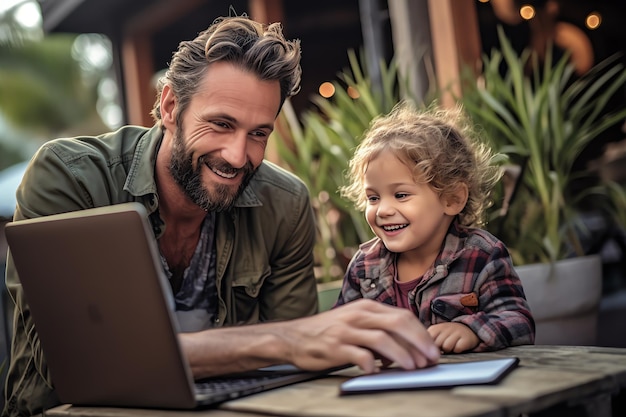 A man and a child looking at a tablet with a man and a child looking at it.